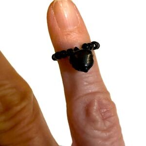 VTG BLACK BELL BEADED RING CHARM HALLOWEEN JEWELRY HANG ON NECKLACE CORD .25”